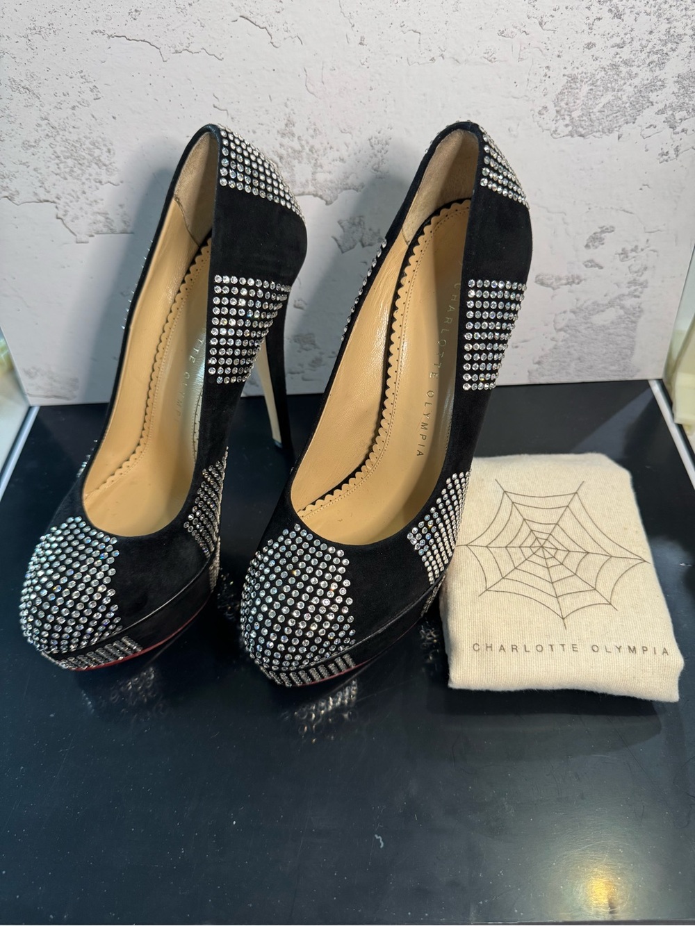 Charlotte Olympia Black Suede Crystaly Platform Heels Pumps Stilettos. Size 37